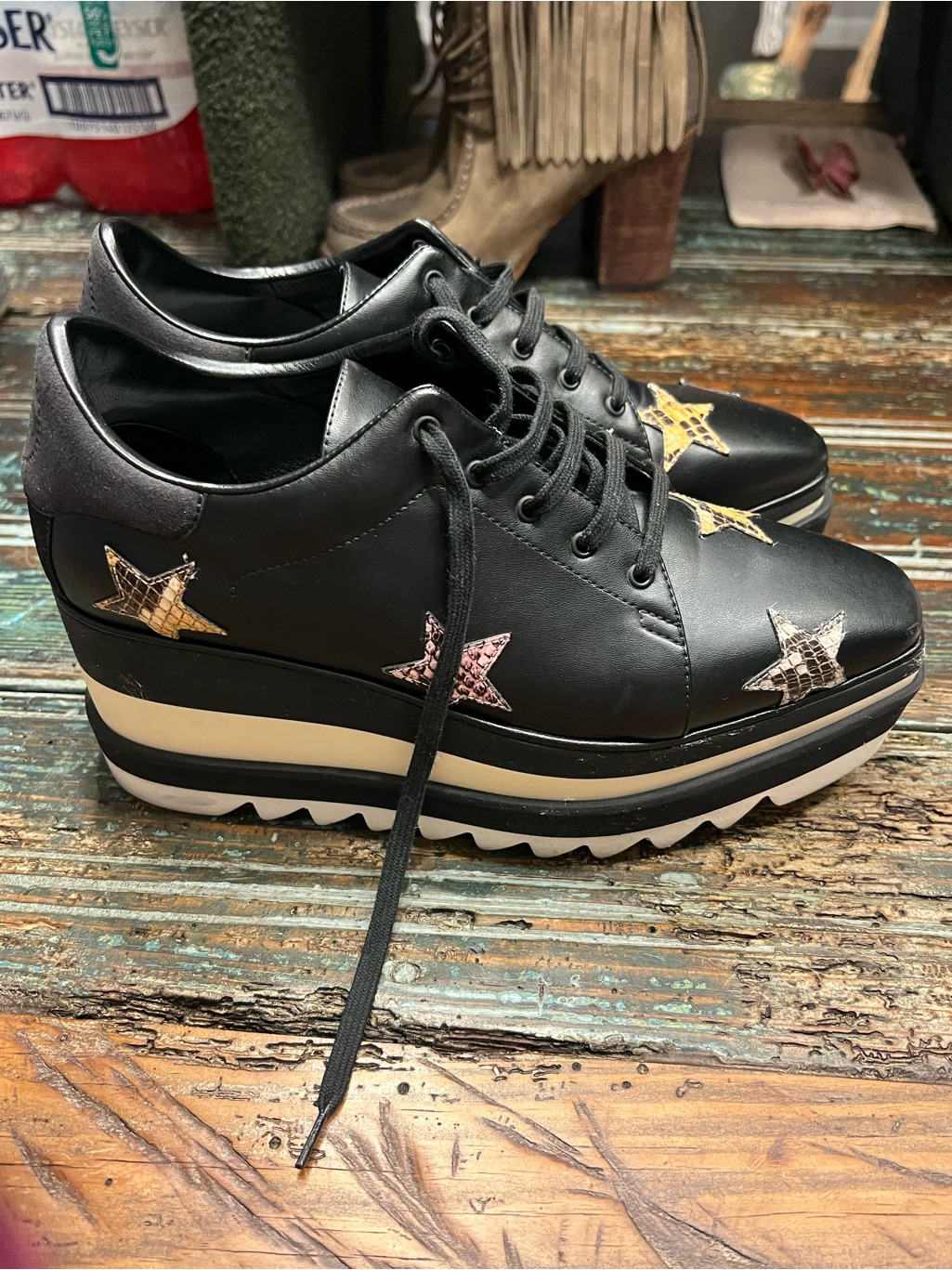 Stella Mccartney Black Platform Lace-Up Sneakers With Multicolor Star Accents